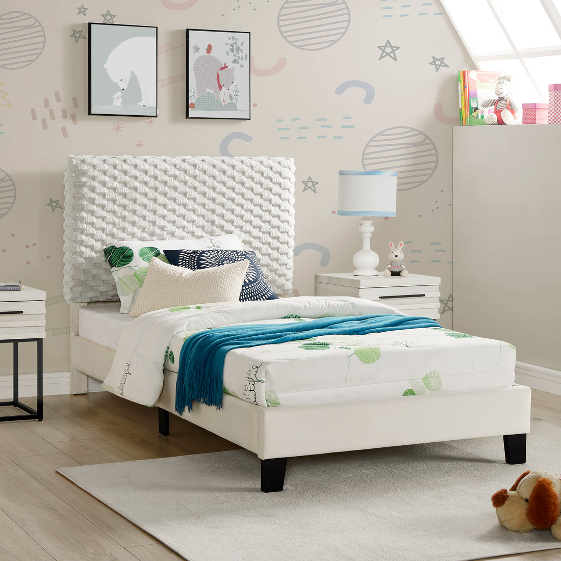 Findlay Plush 3D Upholstered Platform Bed In White Dove, Twin Box Spring Not Required Twin Off White Wood Nature Bedroom Contemporary,Modern Rubberwood Bed Frame Foam Polyester