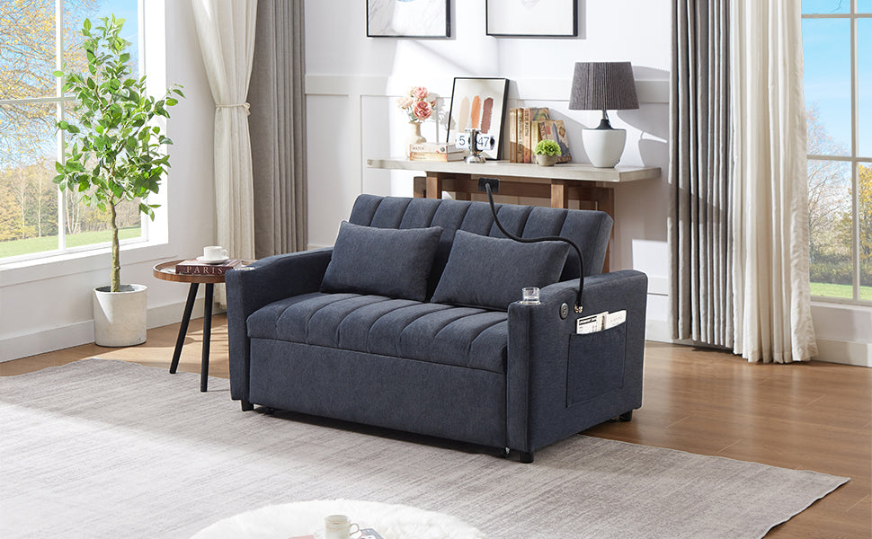55.9" Convertible Sofa Bed Loveseat Sofa With Three Usb Ports, Two Side Pockets, Two Cup Holders And 360 Swivel Phone Holder For Living Room, Blue Grey Blue Gray Foam Polyester