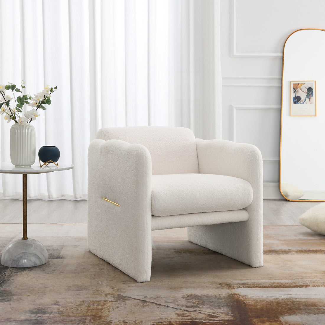 Arm Chair With Waved Arms, Metal Decoration On Both Side Arms, Accent Chair For Primary Living Space, Living Room, Bedroom,Teddy Fabric, White White Primary Living Space Modern Foam Plywood