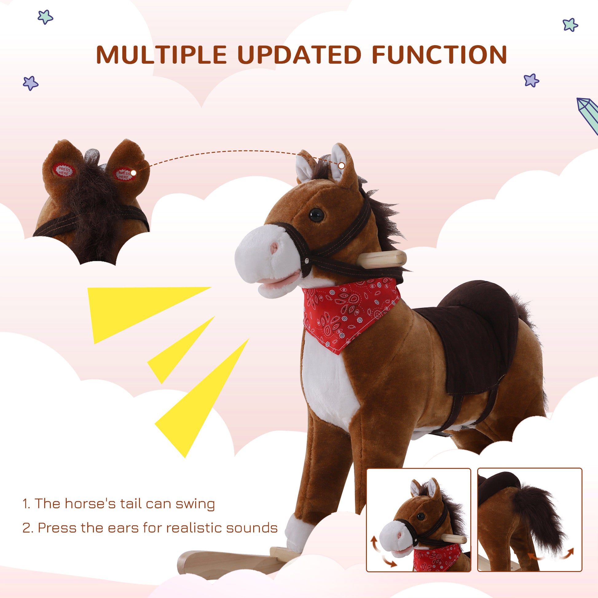 Qaba Kids Ride On Rocking Horse Plush Toy With Realistic Sounds And Red Scarf For Over 3 Years Old Birth Gift Brown Plush