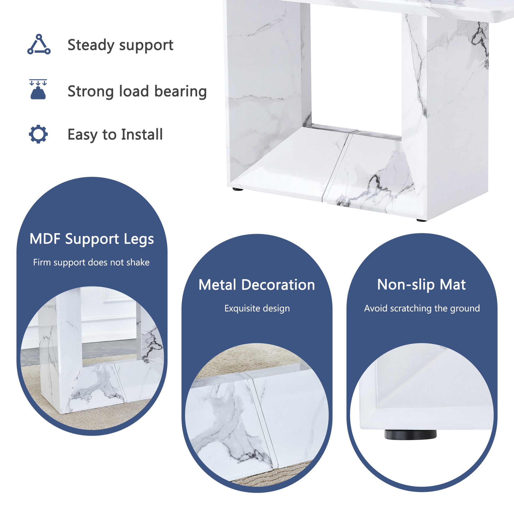 Table And Chair Set.63"X35.4" White Marble Patterned Mdf Dining Table Set With 6 Armless White Pu Chairs.The Backrest Of The Dining Chair Is Designed With Multiple Horizontal Stripes. White Seats 6