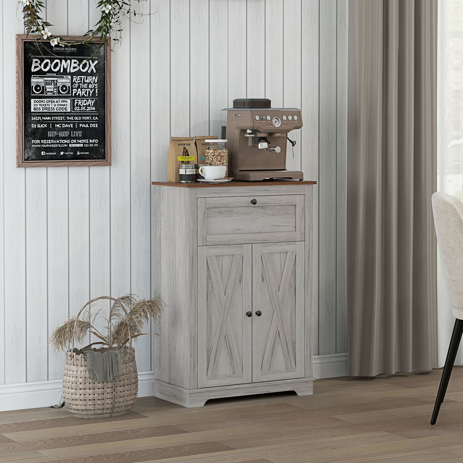 Homcom Farmhouse Barn Door Accent Cabinet, Kitchen Sideboard Storage Cabinet With Double Doors, Drawer, And Adjustable Shelf For Bedroom, Living Room, Light Gray Light Gray Particle Board