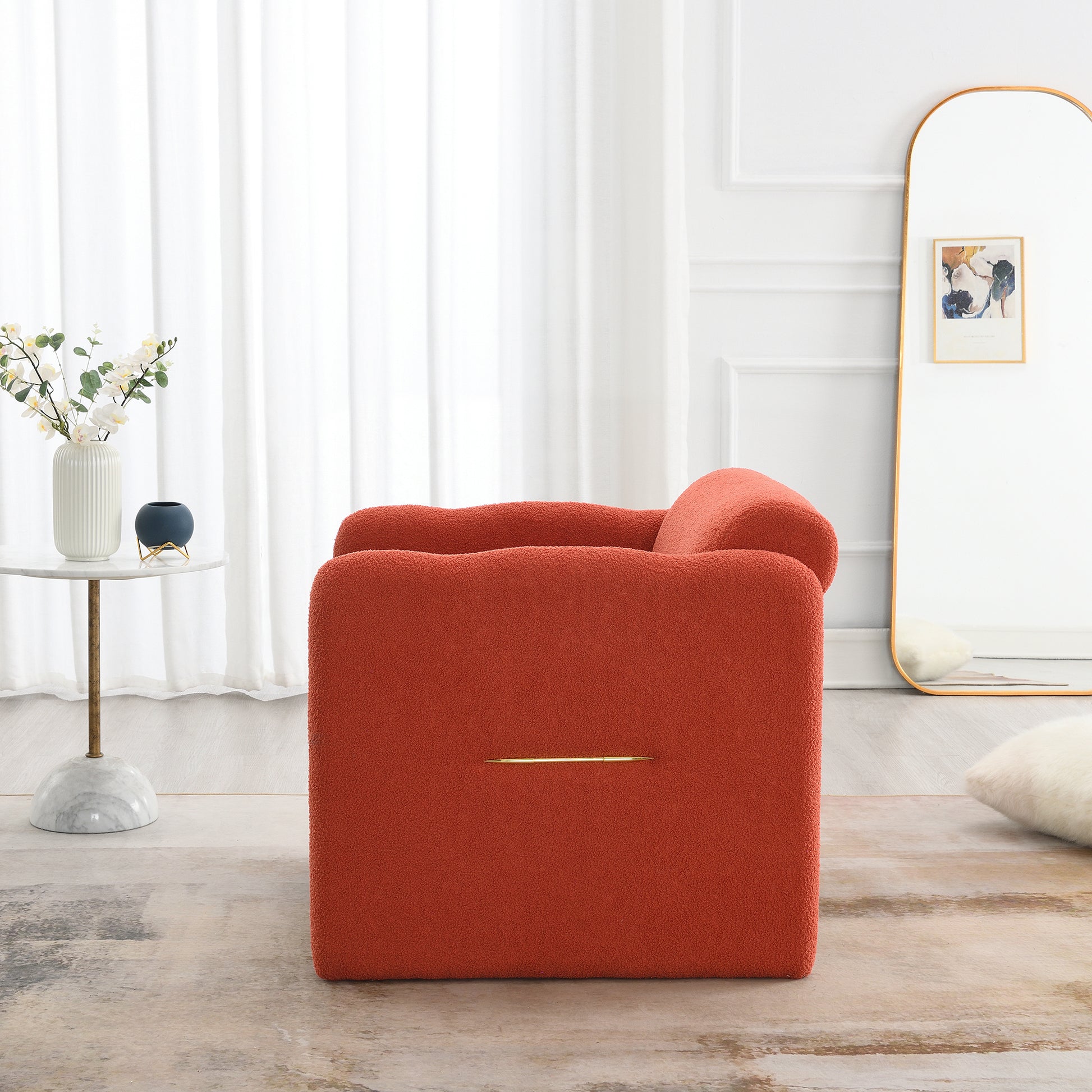 Arm Chair With Waved Arms, Metal Decoration On Both Side Arms, Accent Chair For Primary Living Space, Living Room, Bedroom, Teddy Fabric, Orange Orange Primary Living Space Modern Foam Plywood
