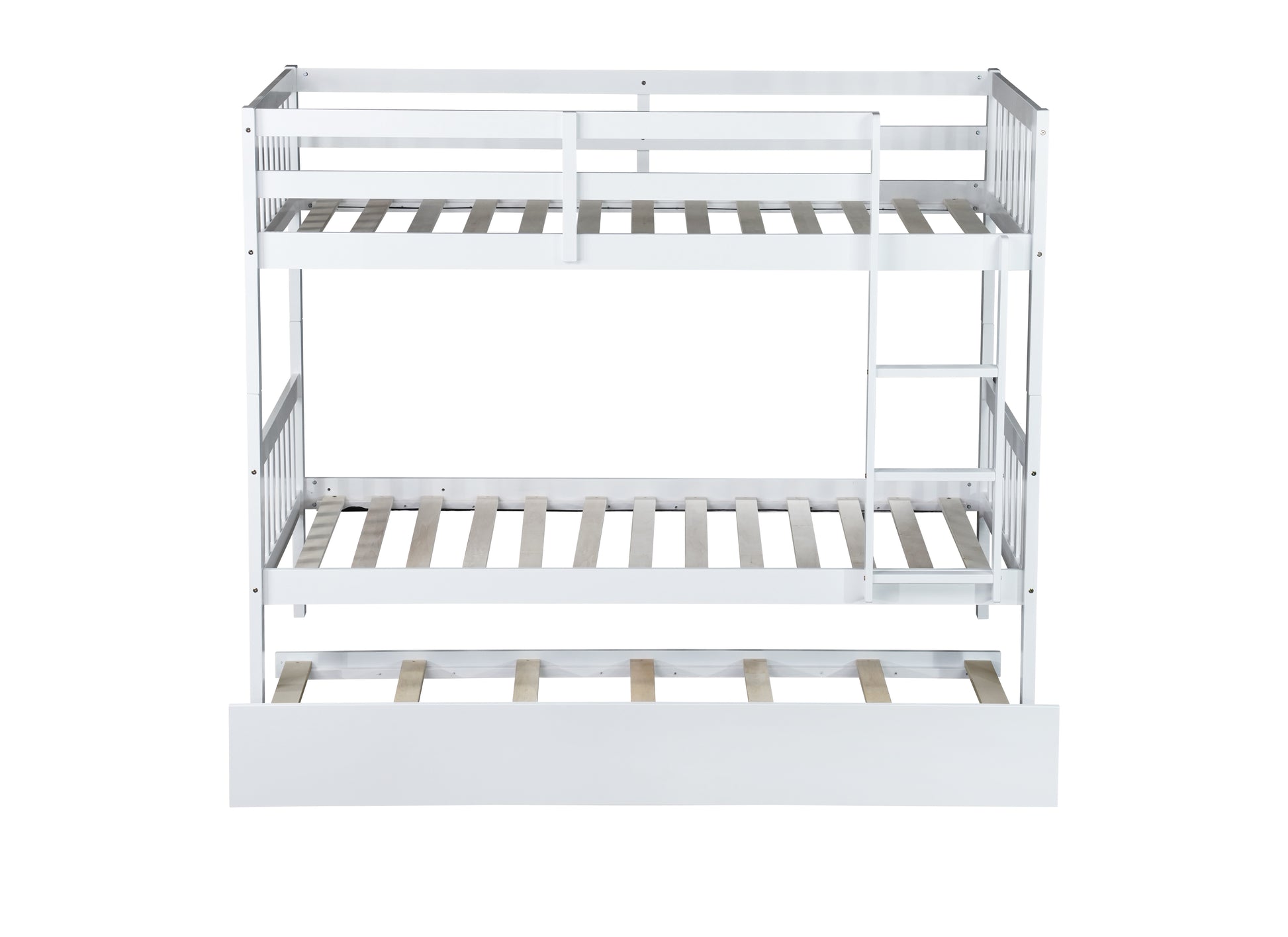 Twin Over Twin Rubber Wood Bunk Bed With Trundle, Convertible Into 2 Twin Size Beds, Twin Size Bunk Bed With Ladder And Safety Guardrails, White Twin White Rubber Wood