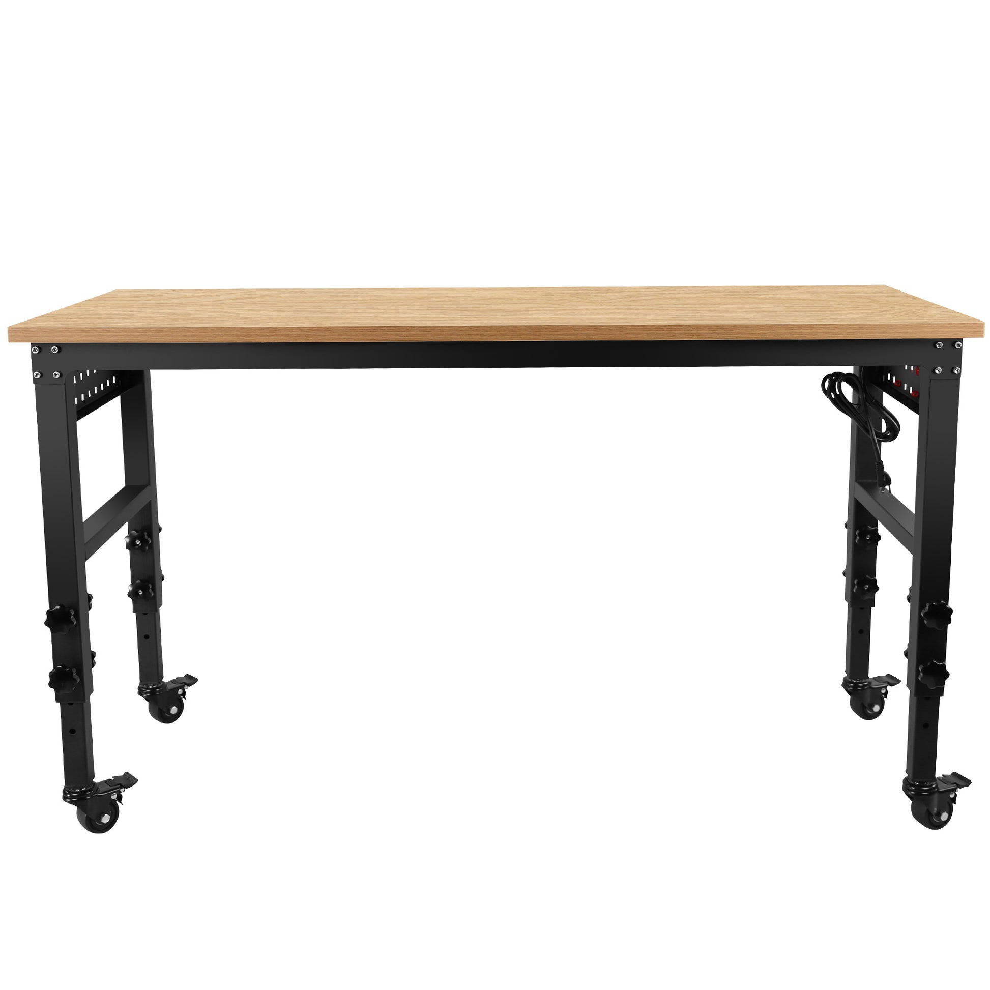 60" 24'' Adjustable Workbench, Rolling Heavy Duty Worktable With Power Outlet And Wheels, Large Load Capacity Rubber Wood Top Workbench For Garage, Office, Workshop, Home, Easy Assembly Black Steel