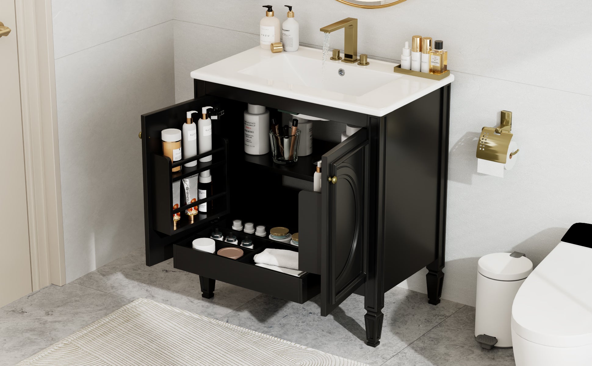 30" Bathroom Vanity With Sink, Two Doors With Shelf, Soft Close Door Hinges, Vintage Style, Black Black Ceramic Mdf,Rubber Wood