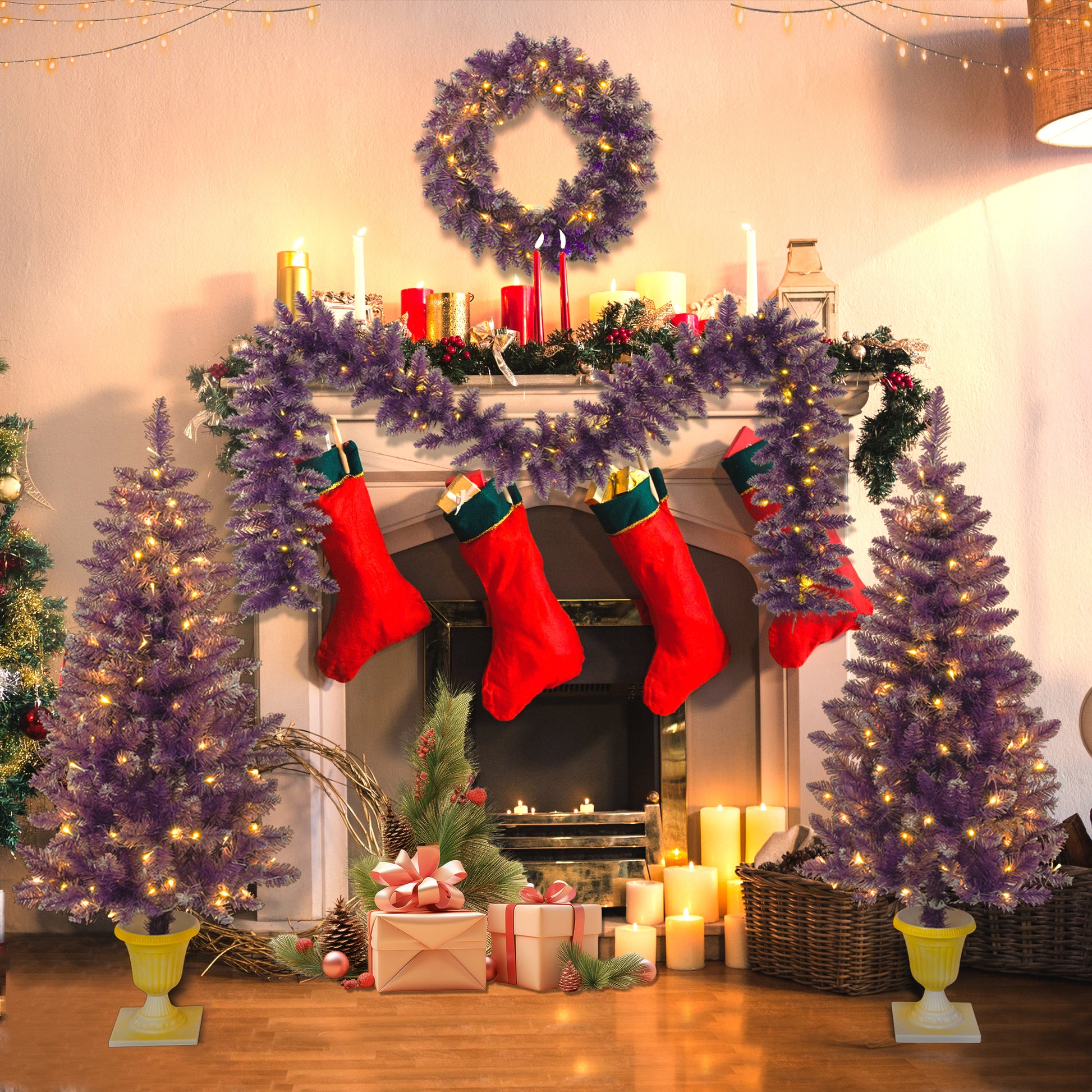 Pre Lit Christmas Artificial Tree 4 Piece Set, Garland, Wreath And Set Of 2 Entrance Trees, X Mas With Led Lights, Pvc Festival Celebration Set, Purple Purple Pvc