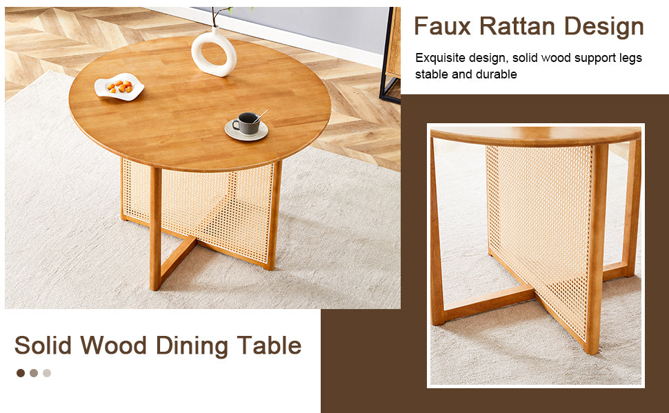 Chinese Countryside Retro Solid Wood Round Table, Simple Modern Imitation Rattan Table, Wooden Table, Desk. Suitable For Dining Room, Living Room, Office Wood Rubber Wood