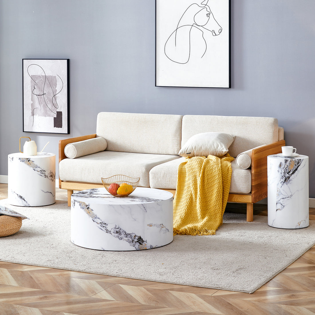 Modern Minimalist Set Of Three Cylinder Marble Patterned Mdf Coffee Tables.The Cylindrical Table With Its Patterned Design Can Be Easily Integrated Into A Variety Of Interior Styles. White Mdf