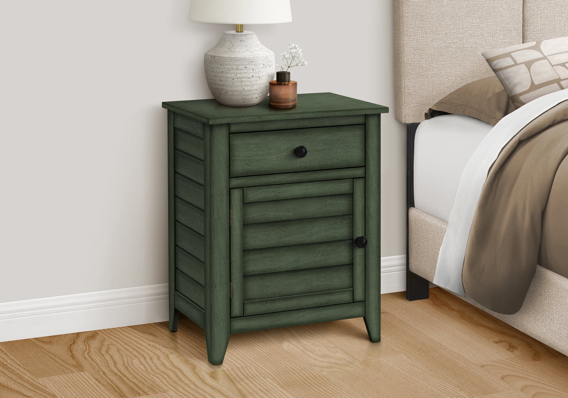 Accent Table, Nightstand, Storage Drawer, End, Side Table, Bedroom, Lamp, Storage, Antique Green Veneer, Transitional Green Mdf