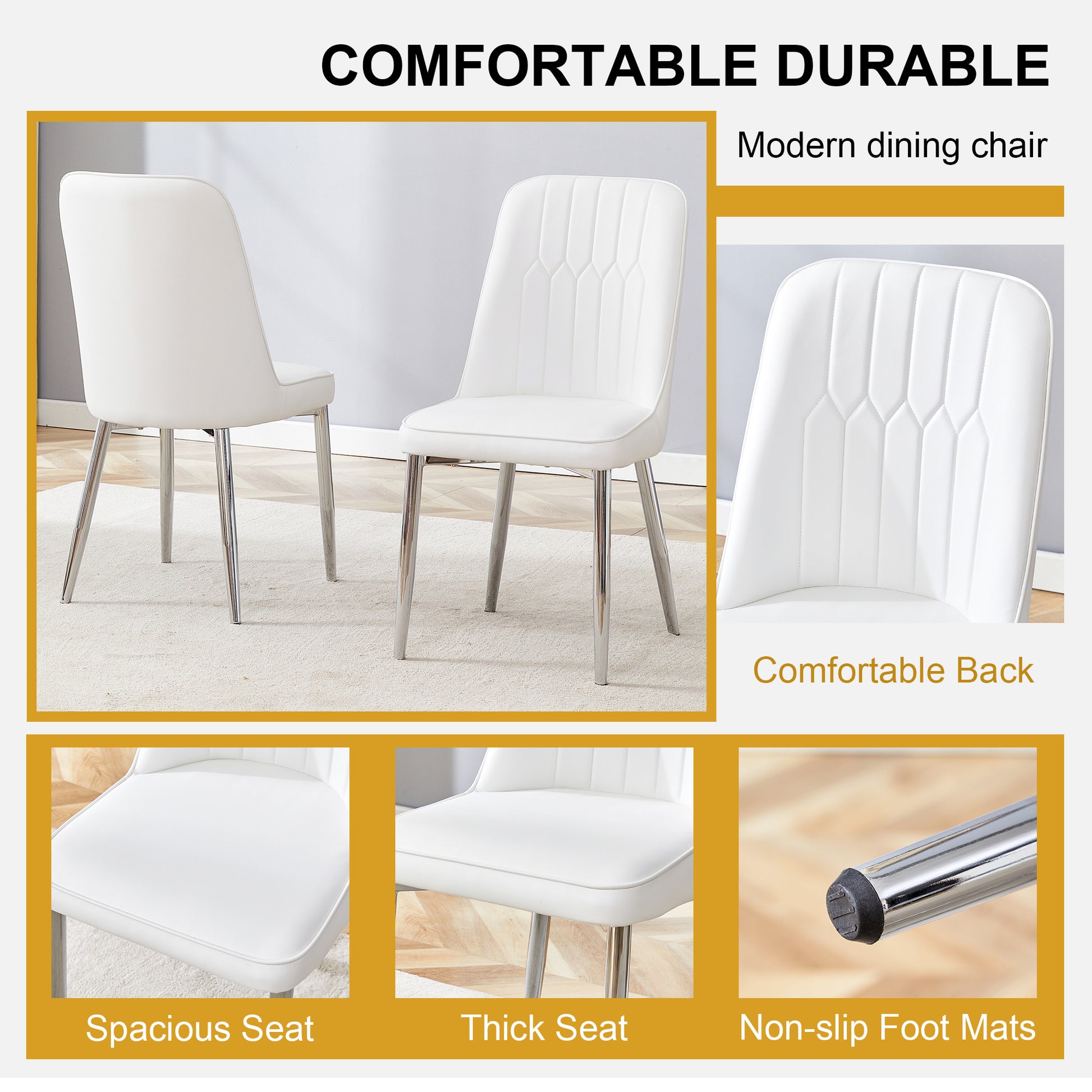 4 Modern Dining Chairs, Smooth Pu Leather Backrest And Silver Toned Metal Legs For A Comfortable Home Experience For Kitchens, Bedrooms And Offices. White Pu