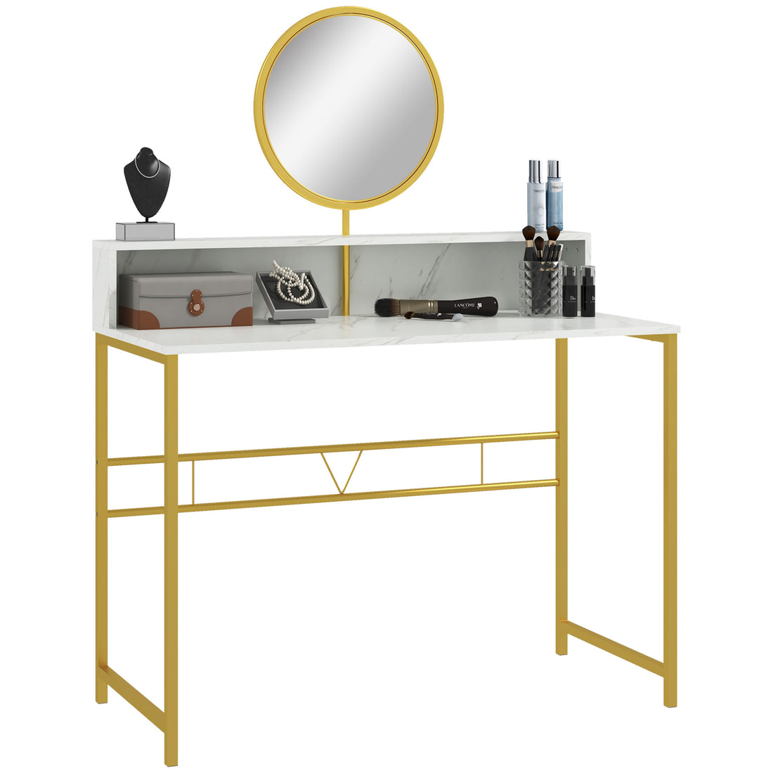 Homcom Modern Vanity Makeup Desk With Mirror, Dressing Table With Open Storage, Faux Marble Finish And Steel Frame For Bedroom, White And Gold White Steel