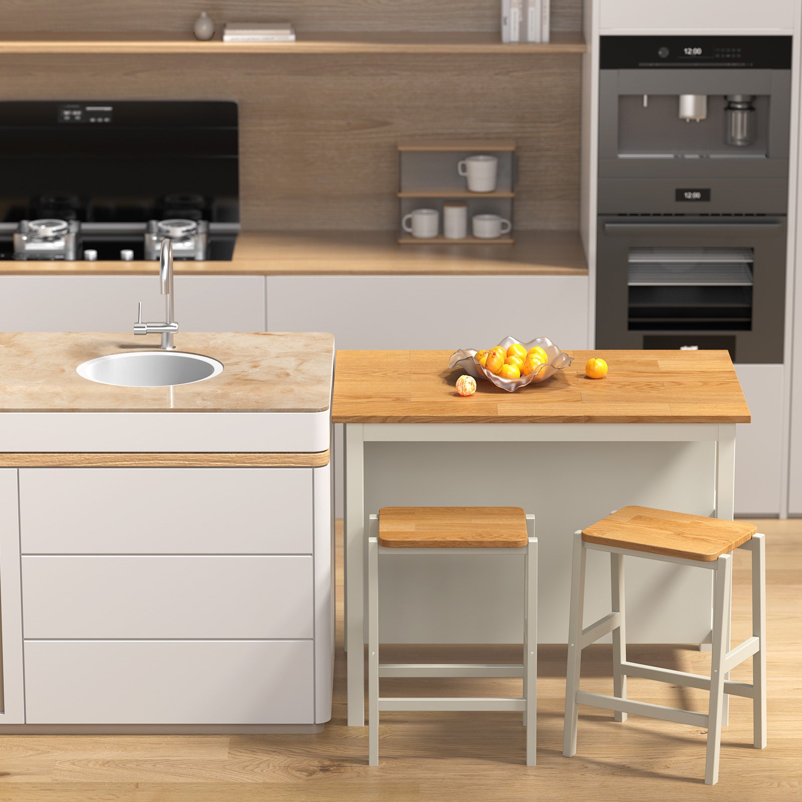 3 Pcs Dining Table Set Rustic Retro Breakfast Table Dining Stools Rubber Wood For 2 With Two Open Shelves For Small Space Kitchen Dining Room Cream White White Rubber Wood