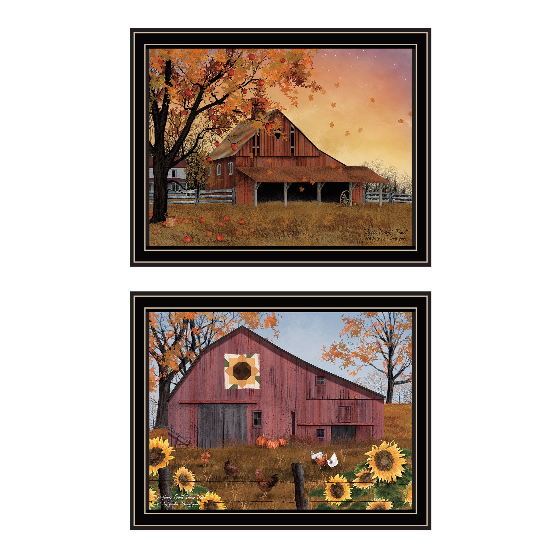 2 Piece Vignette Apple Picking Time, Sunflower Quilt Barn Black Framed Wall Art For Living Room, Bedroom Wall Art Print For Home Decor By Billy Jacobs Multi Wood Paper