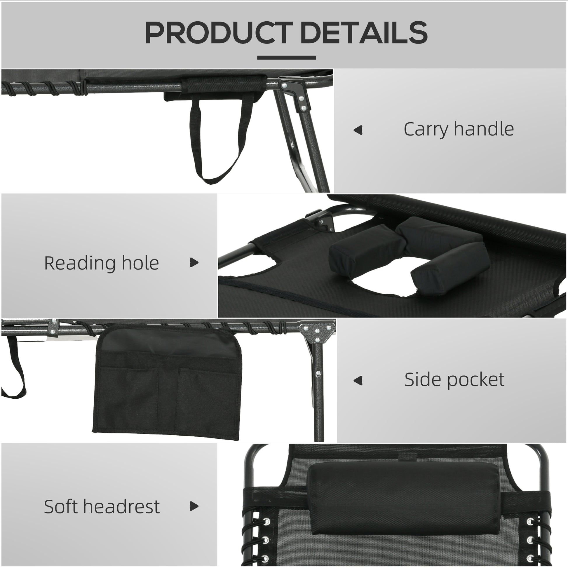 Outsunny Folding Chaise Lounge With 5 Level Reclining Back, Outdoor Tanning Chair With Reading Face Hole, Outdoor Lounge Chair With Side Pocket & Headrest For Beach, Yard, Patio, Black Black Steel