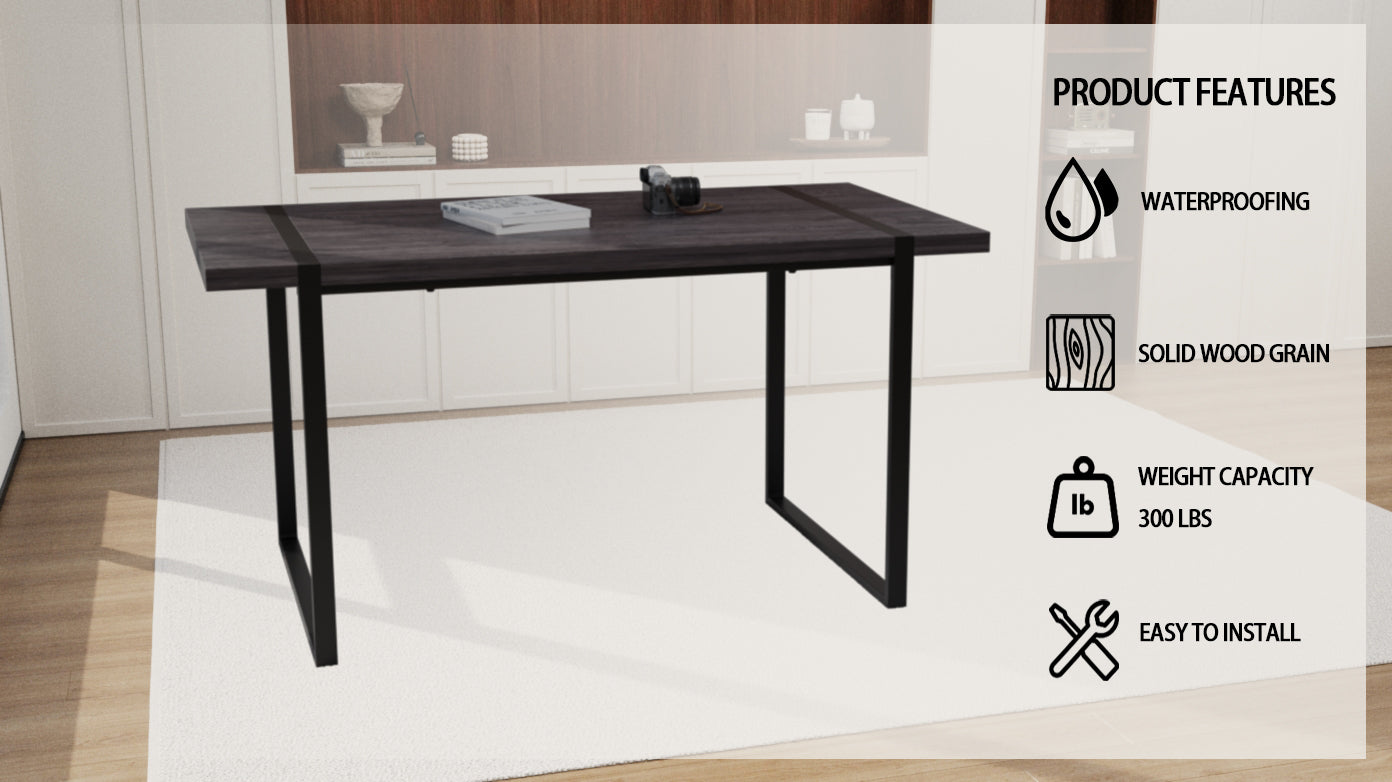 59 "Rural Industrial Rectangular Mdf Black Dining Table, 4 6 People, 1.5" Thick Engineering Wood Tabletop And Black Rectangular Metal Legs, Used For Writing Desk, Kitchen, Terrace, Dining Room Black Kitchen Mdf