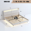 King Floating Bed Frame With Led Light And Charging Station Upholstered Platform Bed Frame King Size With Headboard And Hidden Storage Space, No Box Spring Needed, Beige Box Spring Not Required King