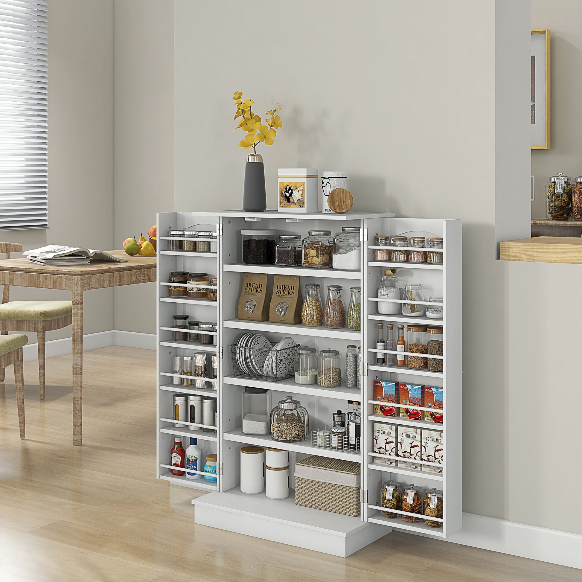 Homcom Kitchen Pantry Storage Cabinet W 5 Tier Shelving, 12 Spice Racks White Mdf