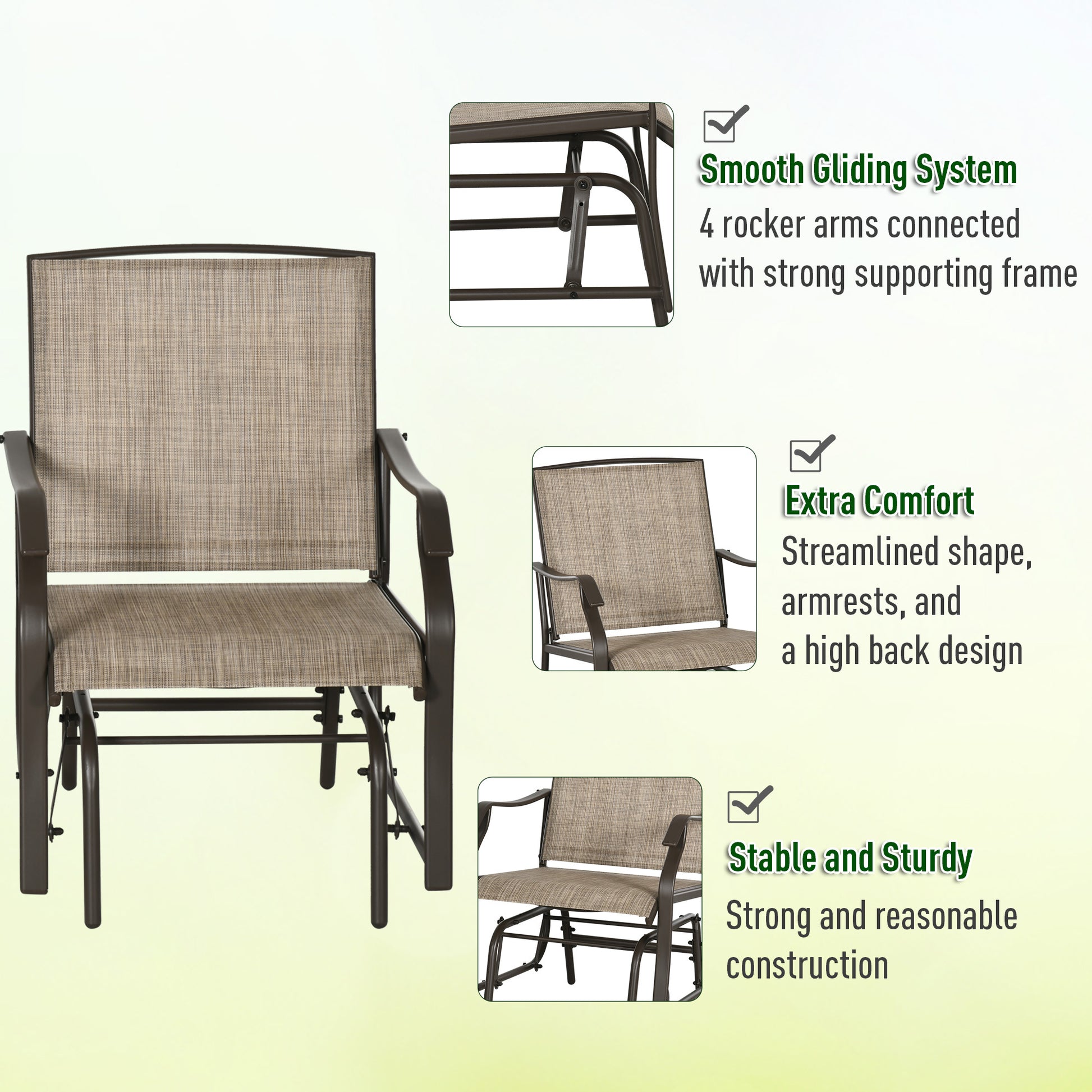 Outsunny 3 Piece Outdoor Glider Chair With Coffee Table Bistro Set, 2 Patio Rocking Swing Chairs Withsling Fabric, Glass Tabletop, For Backyard, Garden And Porch, Mixed Brown Brown Fabric Metal