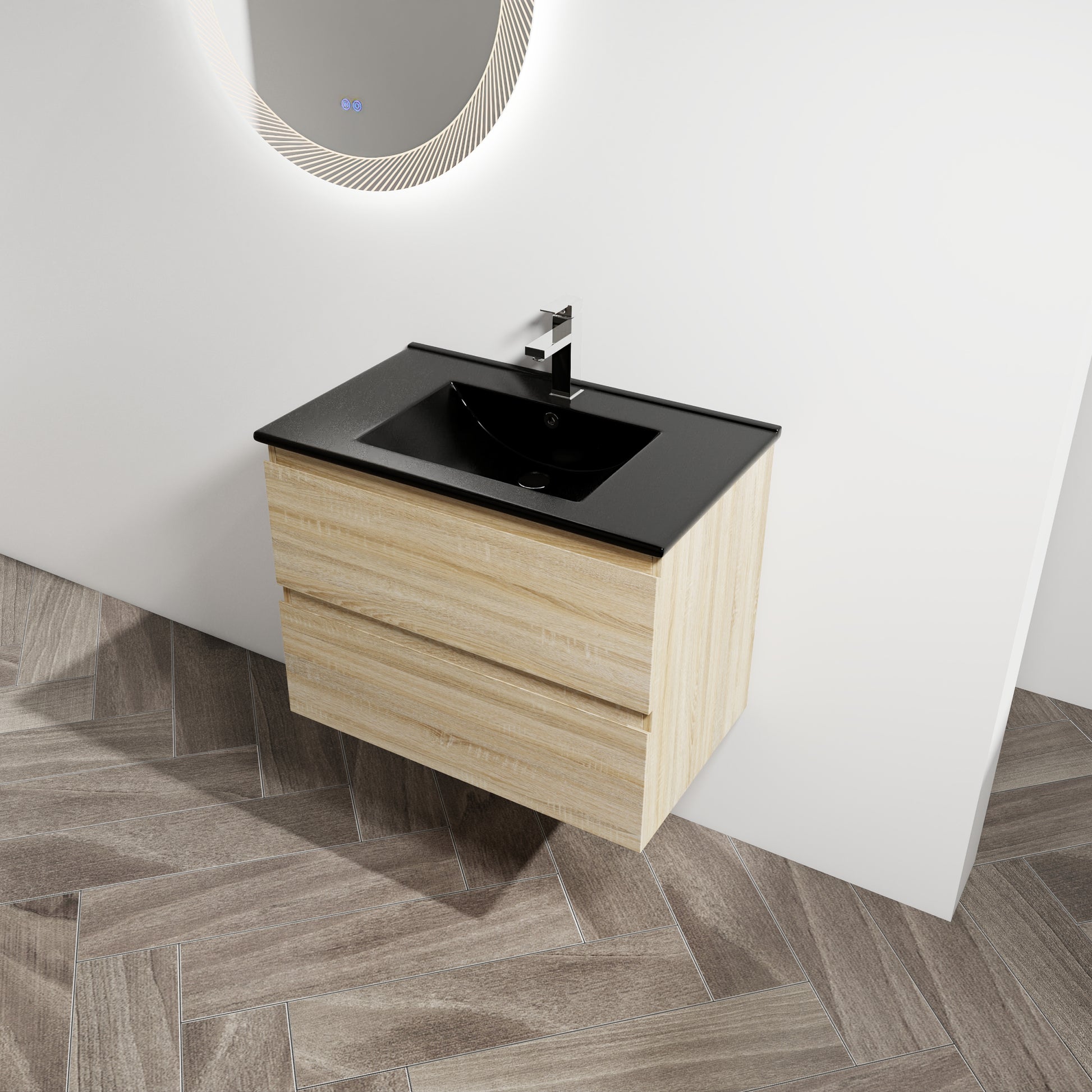 30" Wall Mounted Bathroom Vanity With Black Ceramic Sink, 2 Soft Close Drawers, Kd Package 2 Light Oak Bathroom Wall Mounted Modern Plywood