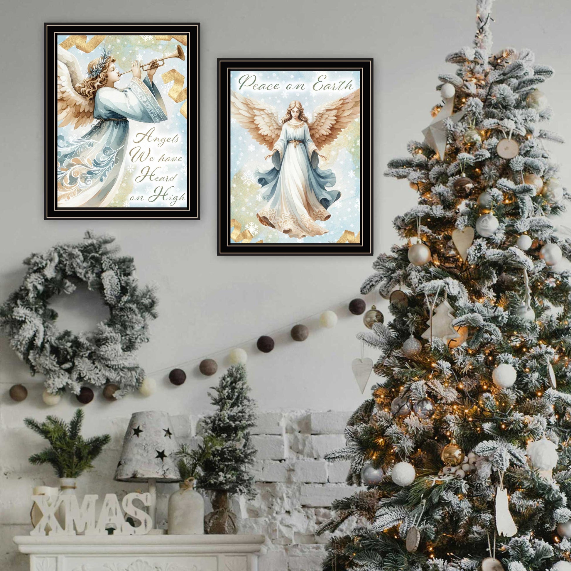 2 Piece Vignette Angels We Have Heard On High Black Framed Wall Art For Living Room, Holiday Wall Art Print For Home Decor, Bedroom Wall Art By Nicole Decamp Multicolor Wood Paper