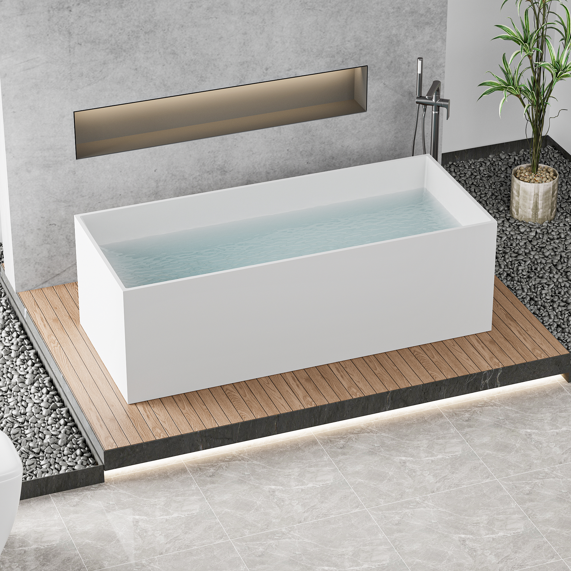 67" Freestanding Solid Surface Bathtub, Stone Resin Freestanding Bath Tub With Overflow And Pop Up Drain, Matte White 24S01 67Mw Matte White Rectangle Bathroom Freestanding Tubs Solid Surface