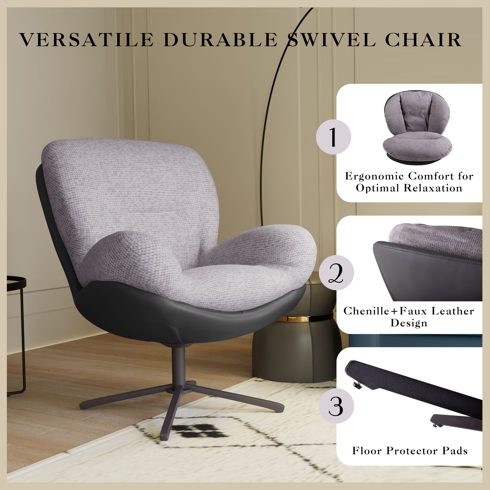 360 Swivel Accent Chair, Modern Chenille Lounge Chair With Faux Leather And Black Metal Base Frame, Comfortable Reading Chair For Small Spaces, Living Room, Bedroom, Reading Corner, Office,Light Gray Black,Light Gray Brown Primary Living Space Art