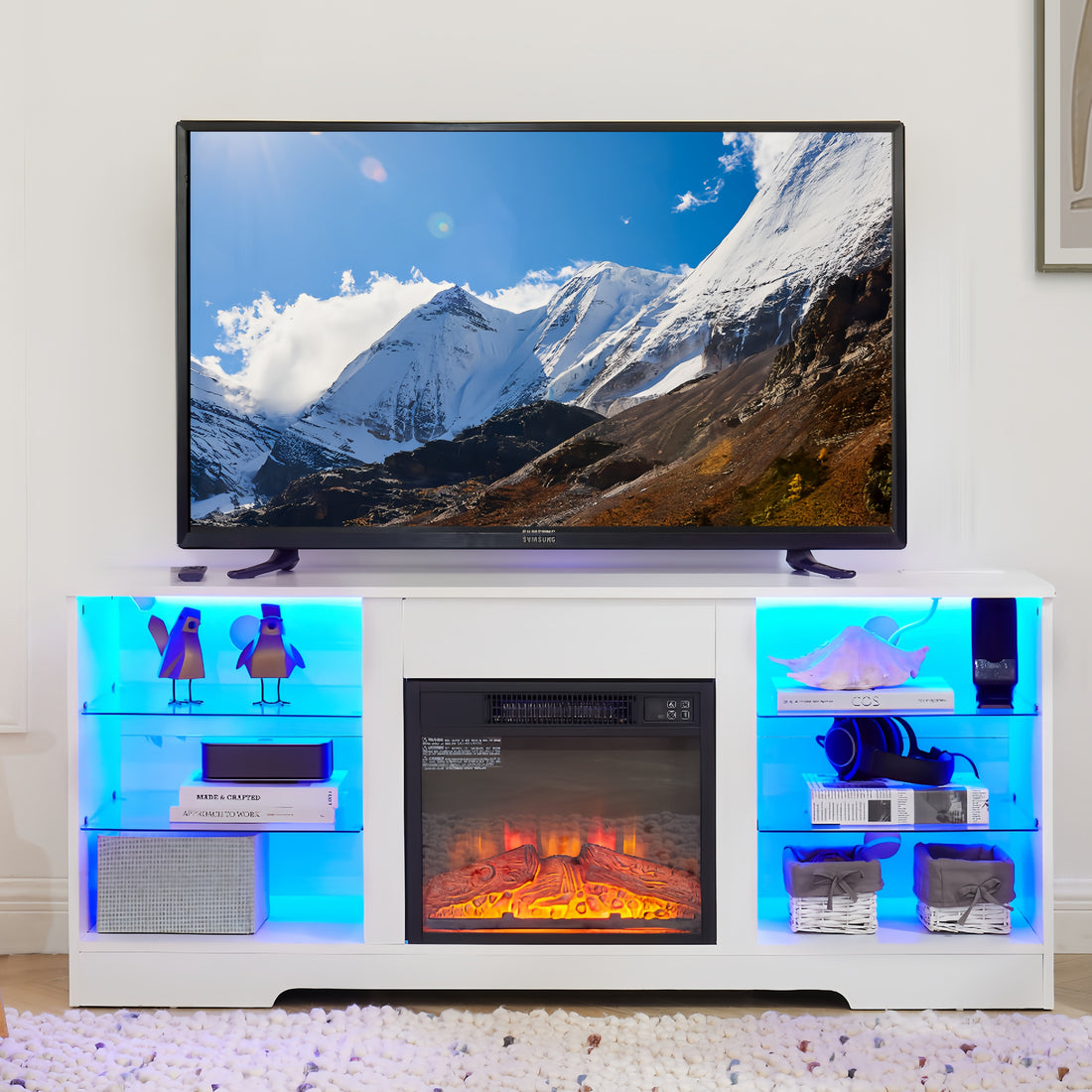 Tv Stand Electric Fireplace Glass Shelves, 3D Fireplace Tv Stand With Led Lights Wood With Usb Charging Outlet Modern Television Table Center For Tv Up To 62" White, 58''W*15.5''D*24.4 White 50 59