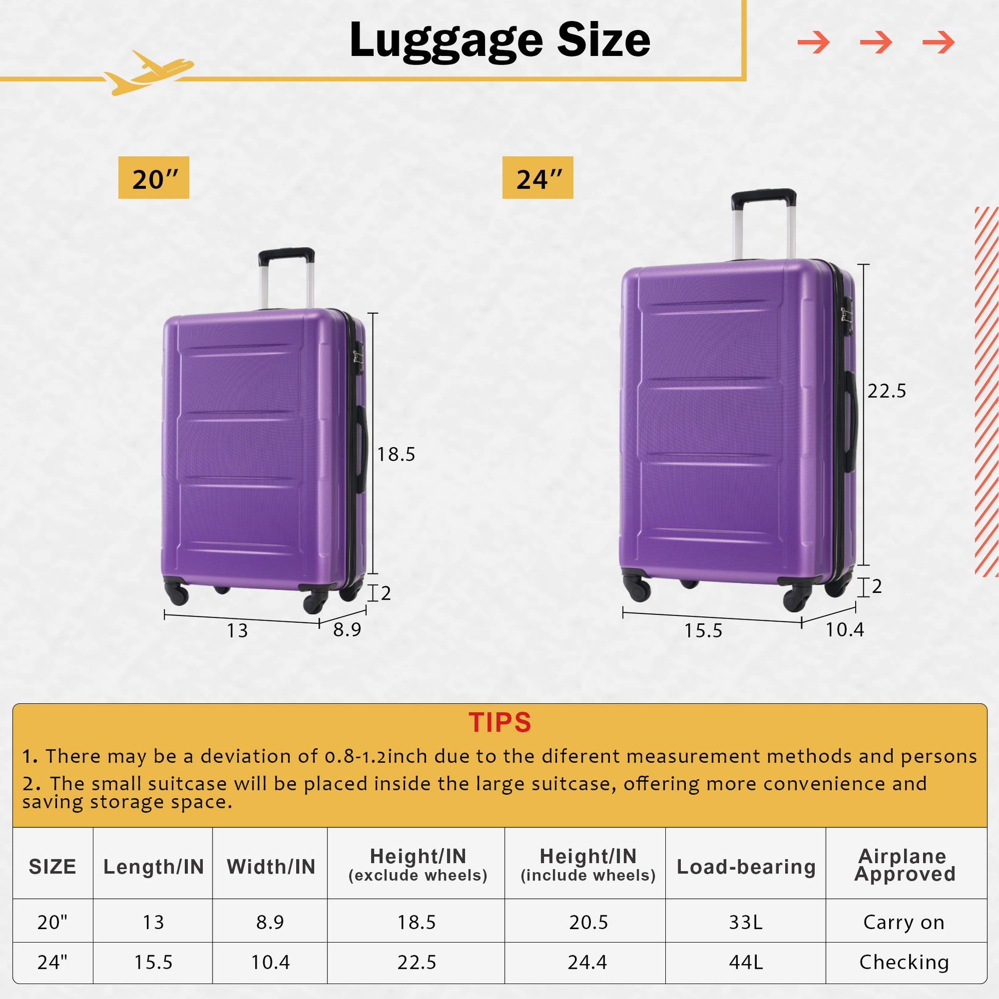 2 Piece Luggage Set With Bags Expanable Spinner Wheels Abs Lightweight Suitcase With Tsa Lock 20Inch 24Inch Purple Abs