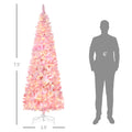 Homcom 7.5Ft Prelit Snow Flocked Artificial Christmas Tree With Pencil Shape, Pine Realistic Branches, Warm White Led Lights, Auto Open, Pink And White Pink Plastic