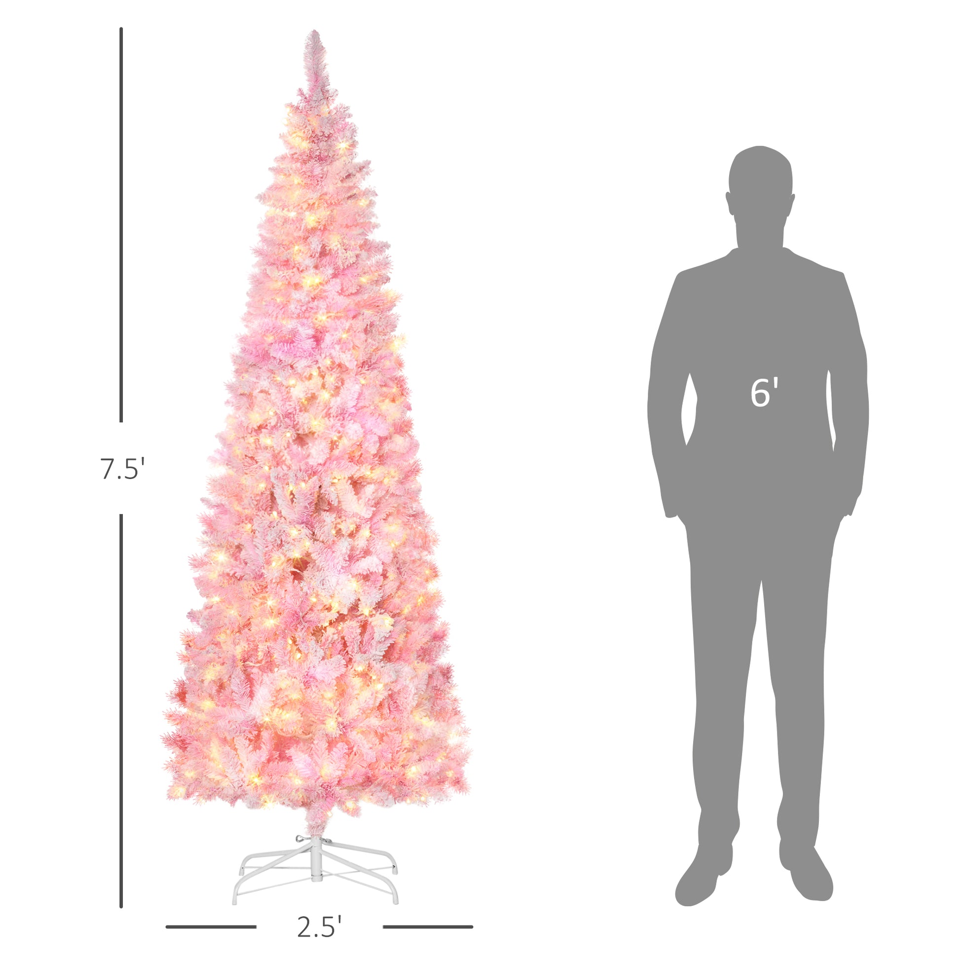 Homcom 7.5Ft Prelit Snow Flocked Artificial Christmas Tree With Pencil Shape, Pine Realistic Branches, Warm White Led Lights, Auto Open, Pink And White Pink Plastic