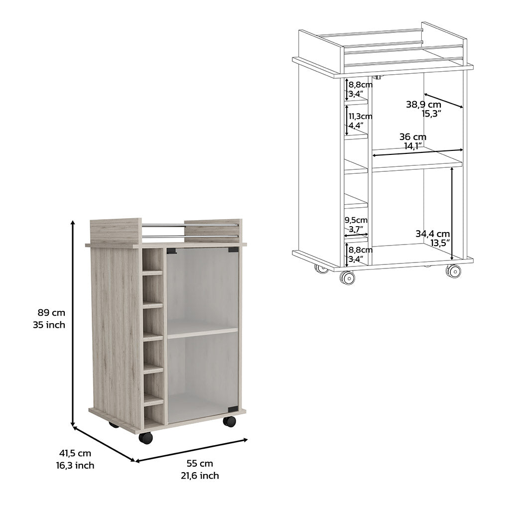 32" H Black Coffee Bar Cart, Kitchen Or Livingroom Storage With 4 Wheels, Division For 6 Bottles, 1 Internal Shelf With Capacity To Store Snacks, Bottles, Liquors Covered By A Glass Door Gray