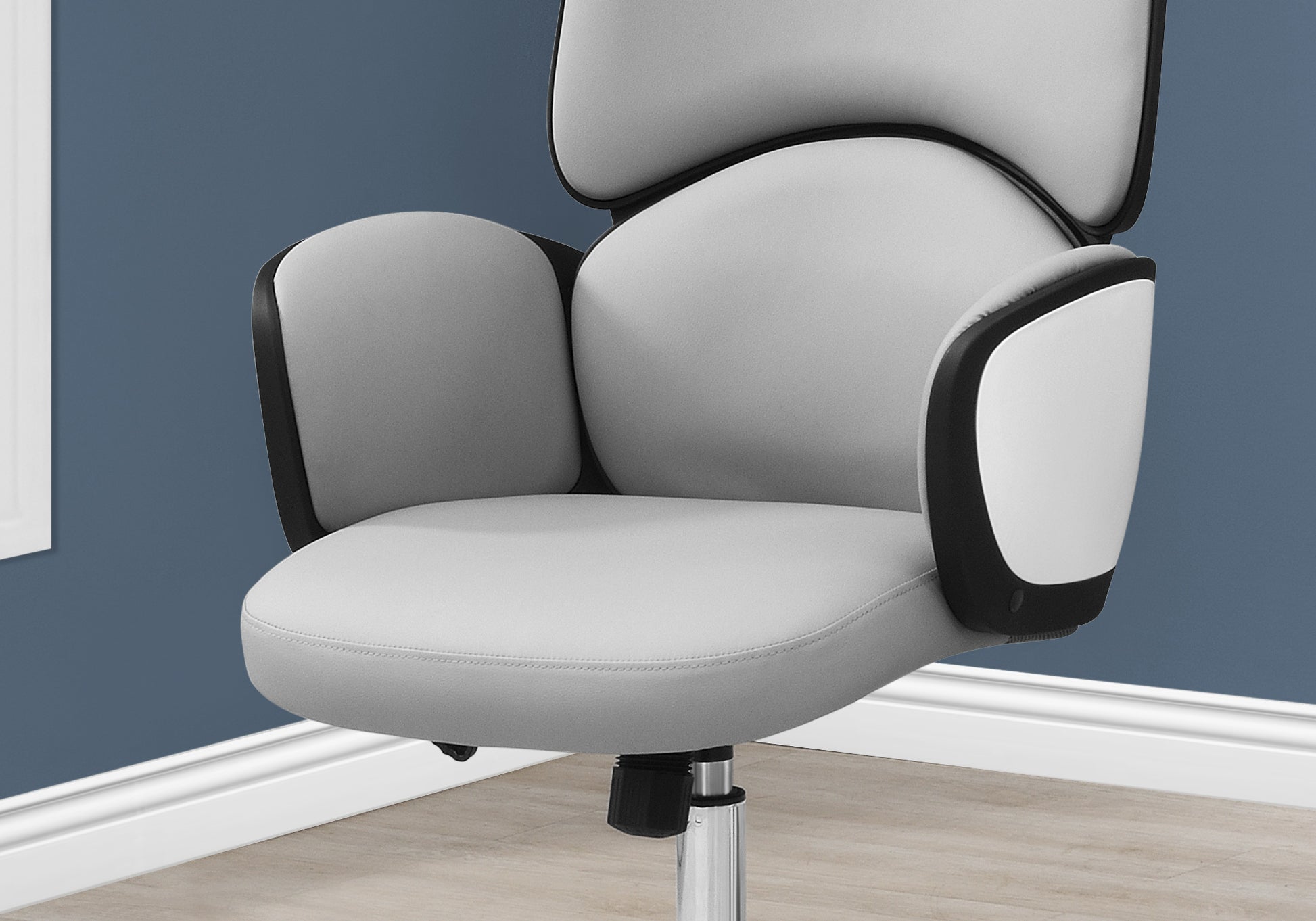 Office Chair, Adjustable Height, Swivel, Ergonomic, Armrests, Computer Desk, Work, Grey Leather Look, Chrome Metal, Contemporary, Modern White Foam Faux Leather