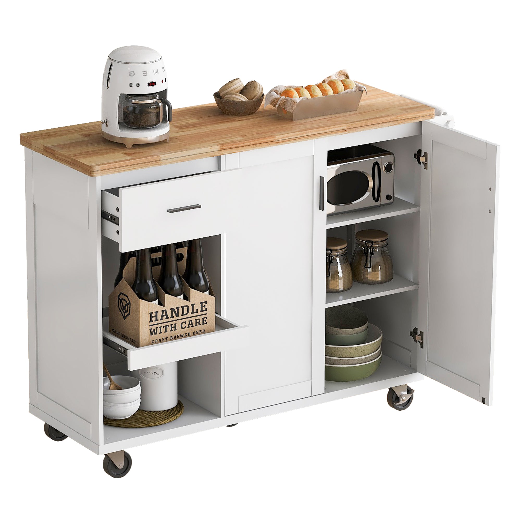 K&K Kitchen Island With Foldable Counter Top, Kitchen Storage Cart With Slide Out Shelf, Towel Rack And Drawer, Rolling Kitchen Cart On Wheels, For Kitchen, Living Room, Dining Room, White White Brown Kitchen Classic,Farmhouse,Luxury,Modern Rectangular