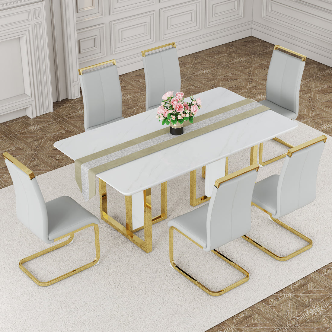 Table And Chair Set.67"X36" White Marble Pattern Mdf Dining Table Set With 6 Light Gray Pu Chairs.Mdf Sticker,White Marble Pattern Sticker,Gold C Tube Chair Legs,Suitable For Kitchen,Dining