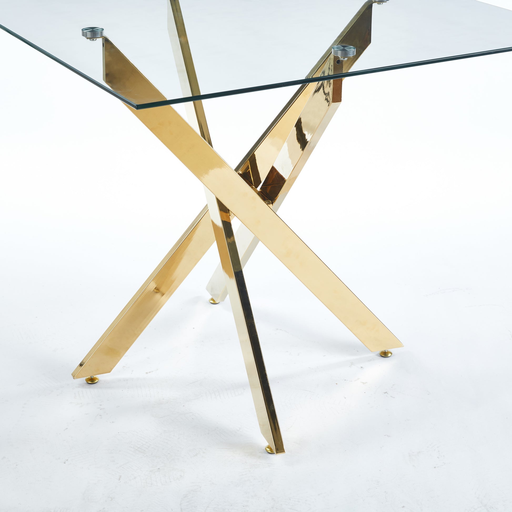 Dining Table With Cross Metal Leg And Tempered Glass,Modern Space Saving Kitchen Table For Living Room,Chrome Legs,Square Table,Golden Legs,90X90X75Cm Golden Glass Metal