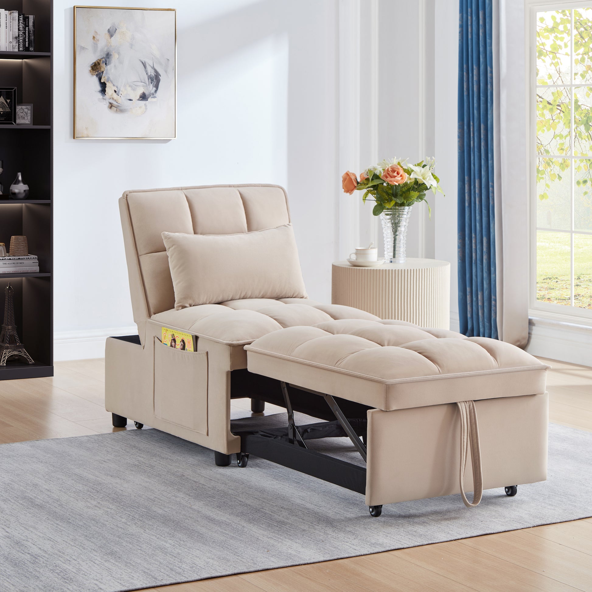 4 In1 Multi Function Single Sofa Bed With Storage Pockets,Tufted Single Pull Out Sofa Bed With Adjustable Backrest And Pillows ,Convertible Chaise Lounge,Taupe Taupe Velvet Metal Primary Living Space American Design Armless Foam Velvet 1 Seat