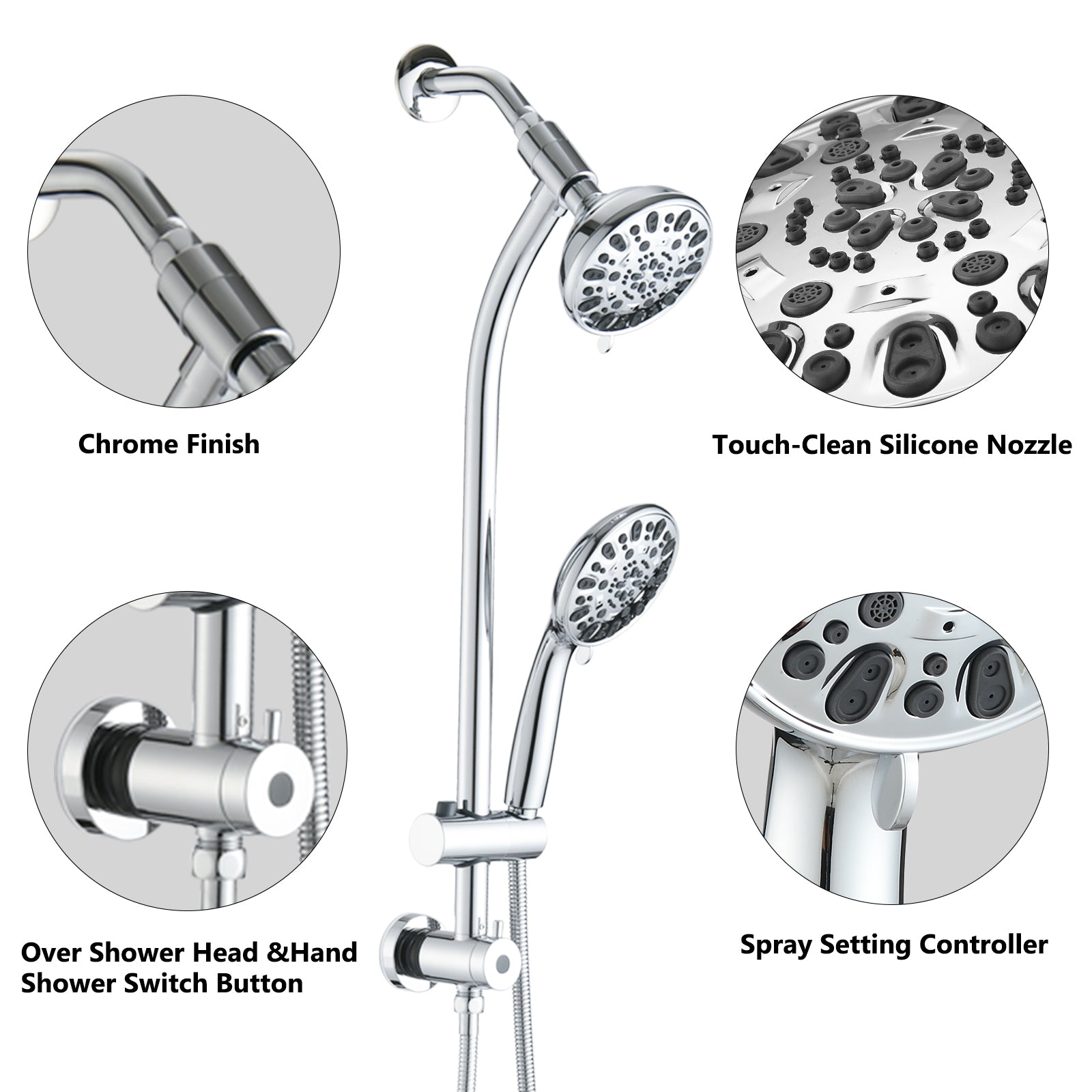 5" Chrome Rain Showerhead With Handheld Shower, 7 Spray Modes, Stainless Steel Slide Bar Chrome Stainless Steel