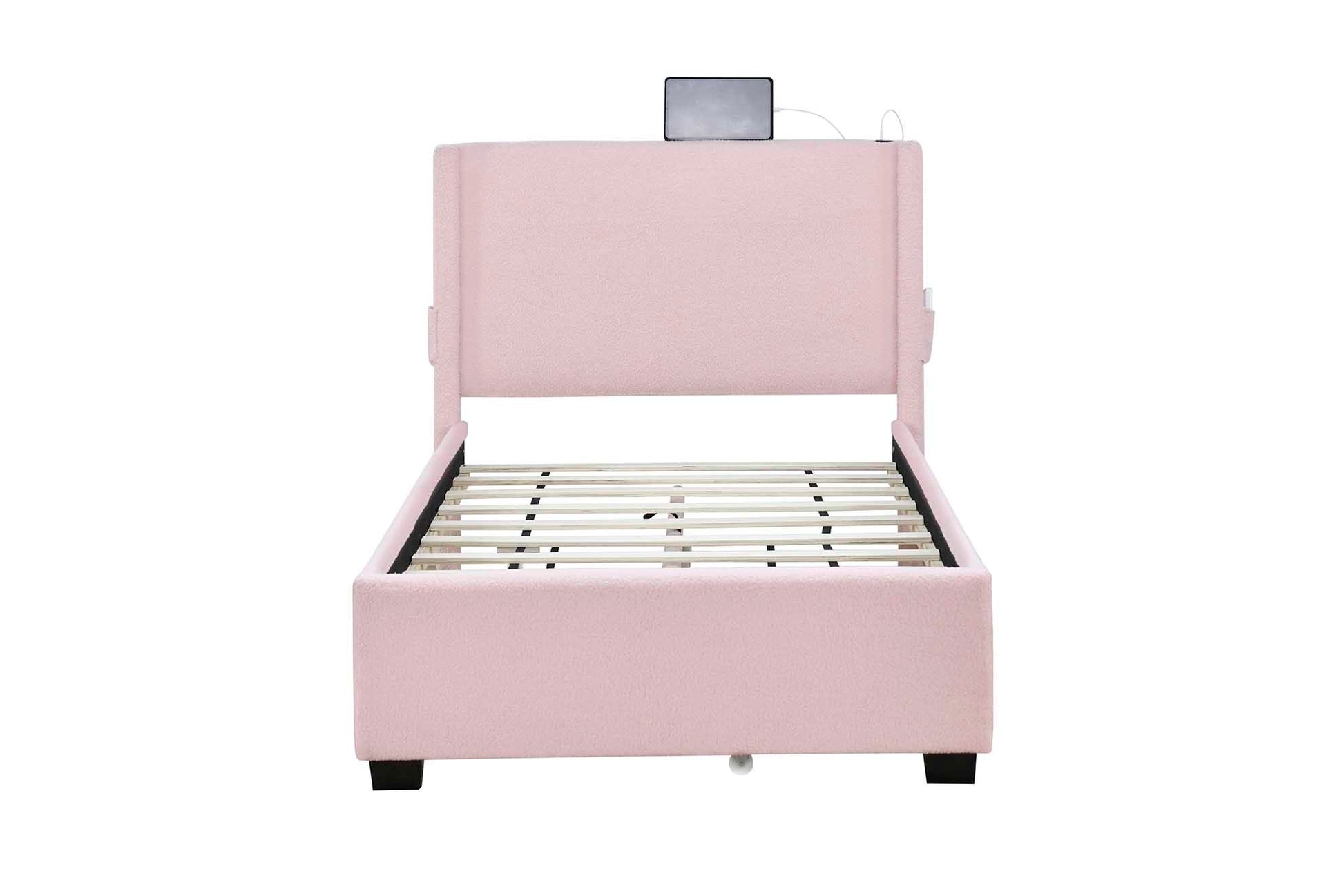 Pink Twin Size Upholstered Bed Frame With Trundle Bed, Teddy Fabric, Usb Functionality, And A Pocket Design On The Side Of The Headboard For Storing Small Items. Pink Is A Girl'S First Choice Box Spring Not Required Twin Baby Pink Wood Espresso Bedroom