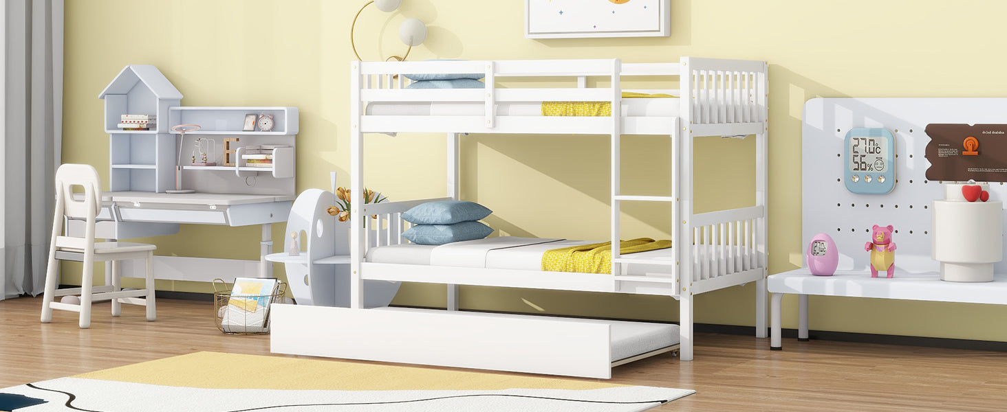 Twin Over Twin Rubber Wood Bunk Bed With Trundle, Convertible Into 2 Twin Size Beds, Twin Size Bunk Bed With Ladder And Safety Guardrails, White Twin White Rubber Wood