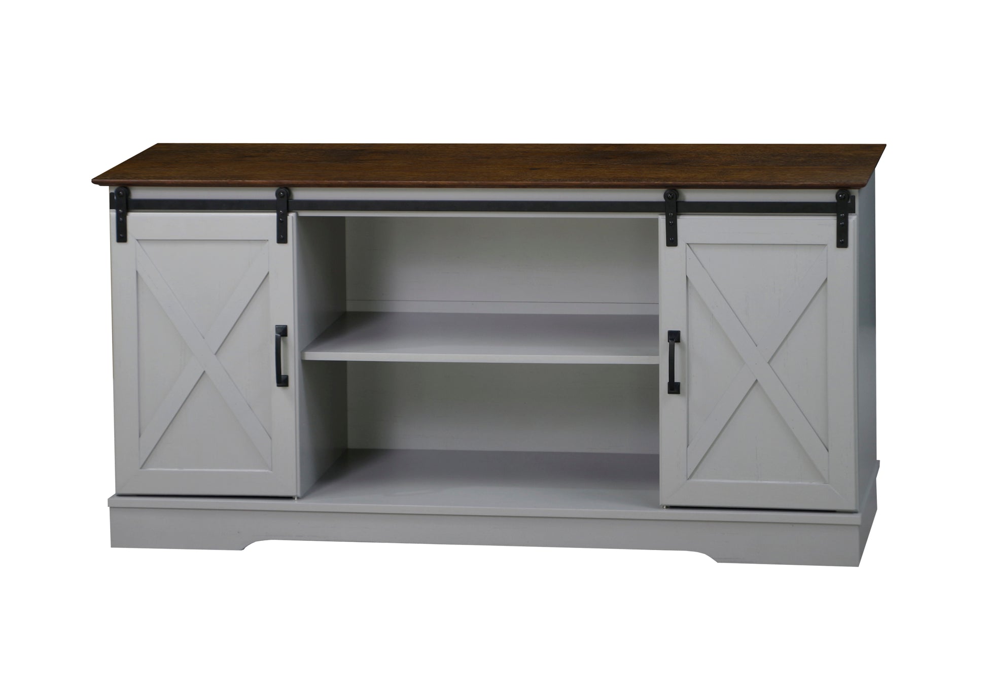 "56"" Tv Stand With 2 Barndoor" "Farmhouse Style Media Console With Barn Door Sliders Cape Code Gray And Rosewood Grain Finish, Multipurpose Entertainment Center" Multicolor 50 59 Inches Solid Wood