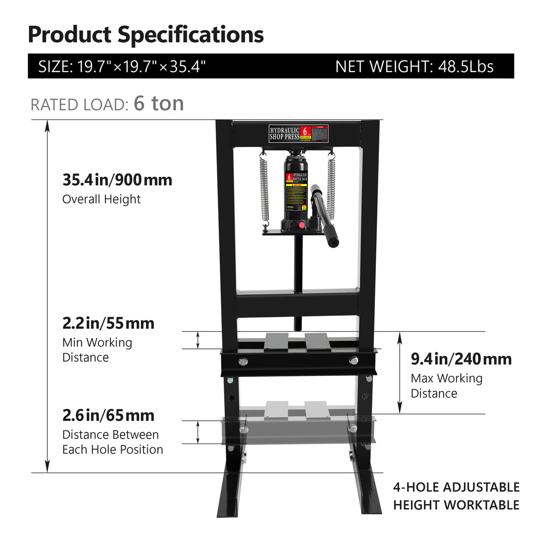 Hydraulic 6 Ton H Frame Garage Floor Adjustable Shop Press With Plates, 6T, Black Black Steel