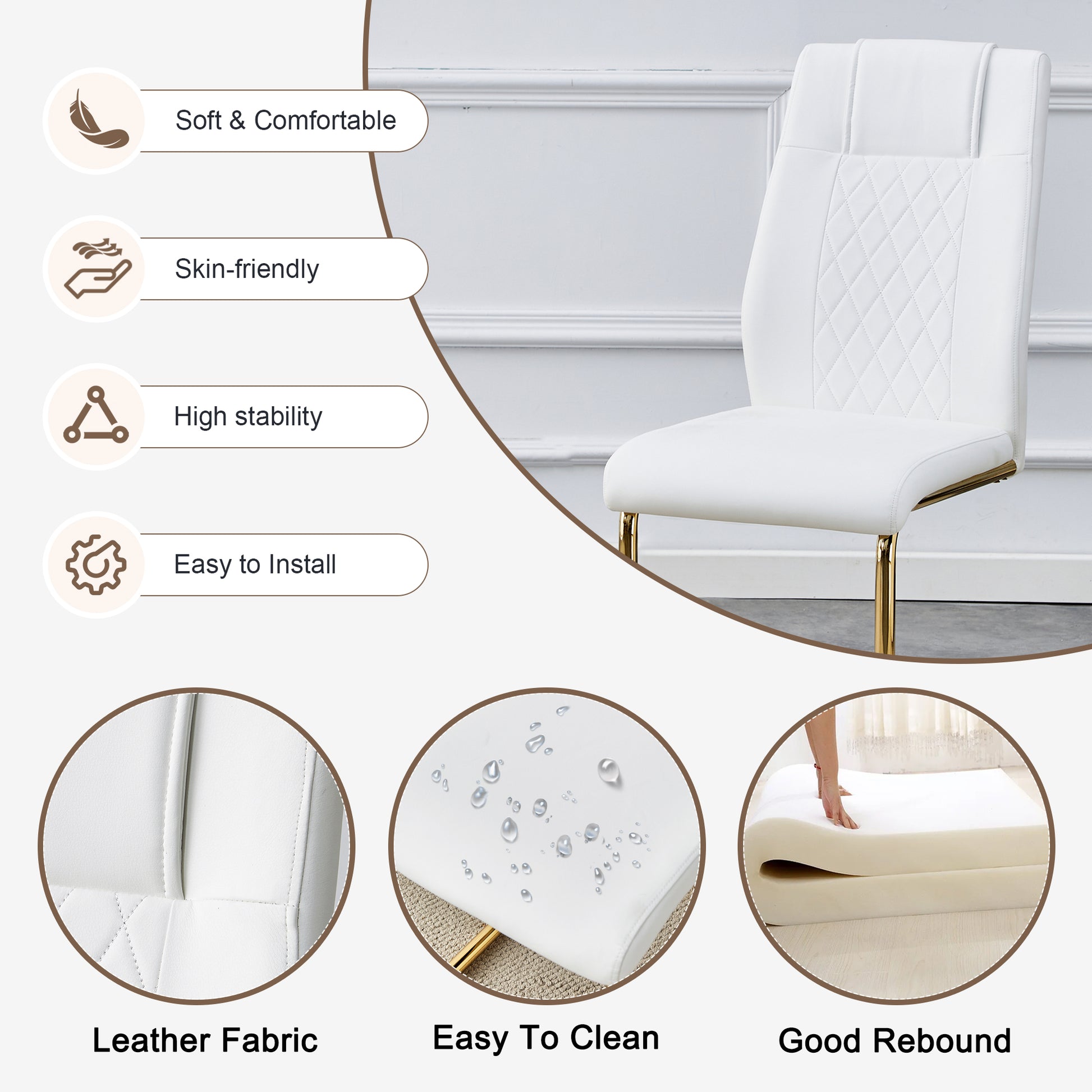 Table And Chair Set.The Table Has A Glass Tabletop With Imitation Marble Pattern Stickers And Stainless Steel Golden Table Legs. Paried With Comfortable Chairs With Pu Seats And Metal Legs. White Gold Seats 8 Glass Metal