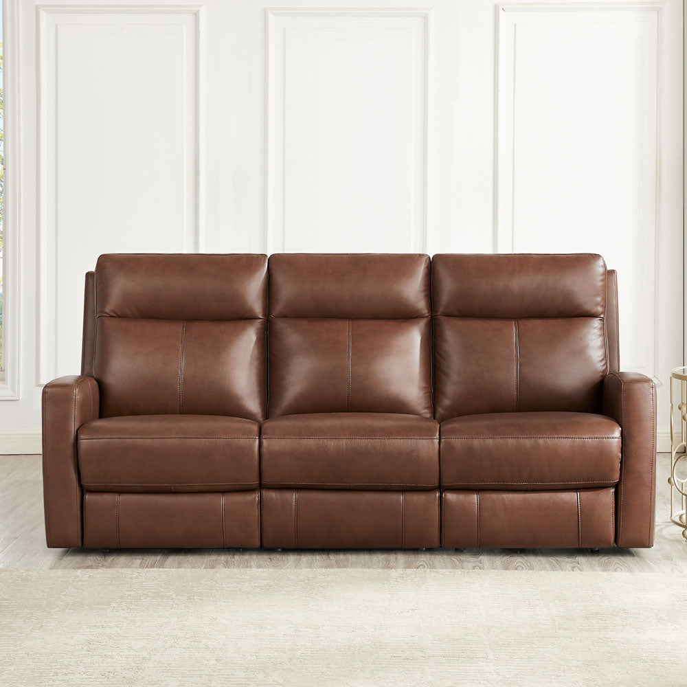 Vienna Power Headrest Zero Gravity Reclining Sofa Brown Genuine Leather Wood Primary Living Space Medium Firm Tight Back Mid Century Modern Eucalyptus Square Arms Memory Foam Leather 3 Seat