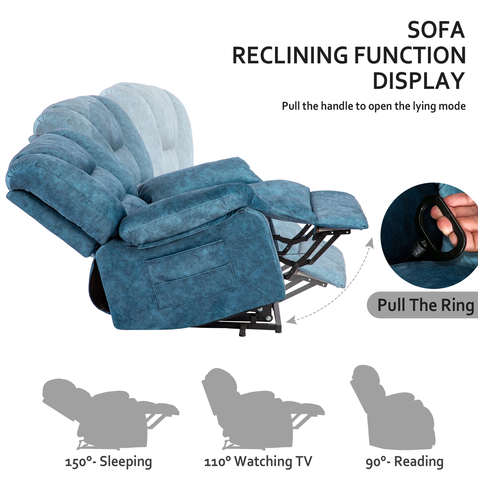 Oversized Recliner Chair Sofa With Massage And Heating Blue Velvet Manual Handle Metal Primary Living Space Soft Cushion Back Heavy Duty American Traditional,Contemporary,Modern Pillow Top Arms Foam Fabric