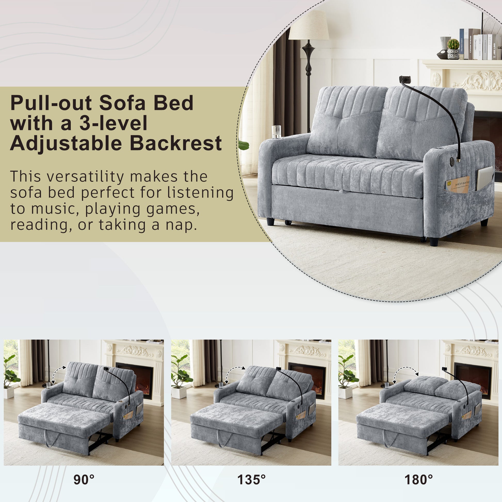 53.9" Modern Loveseat Pull Out Sofa Bed With Adjustable Backrest, Two Cup Holdersa Phone Holder, Three Charging Ports And Side Storage Pockets For Living Room, Grey Grey Foam Chenille