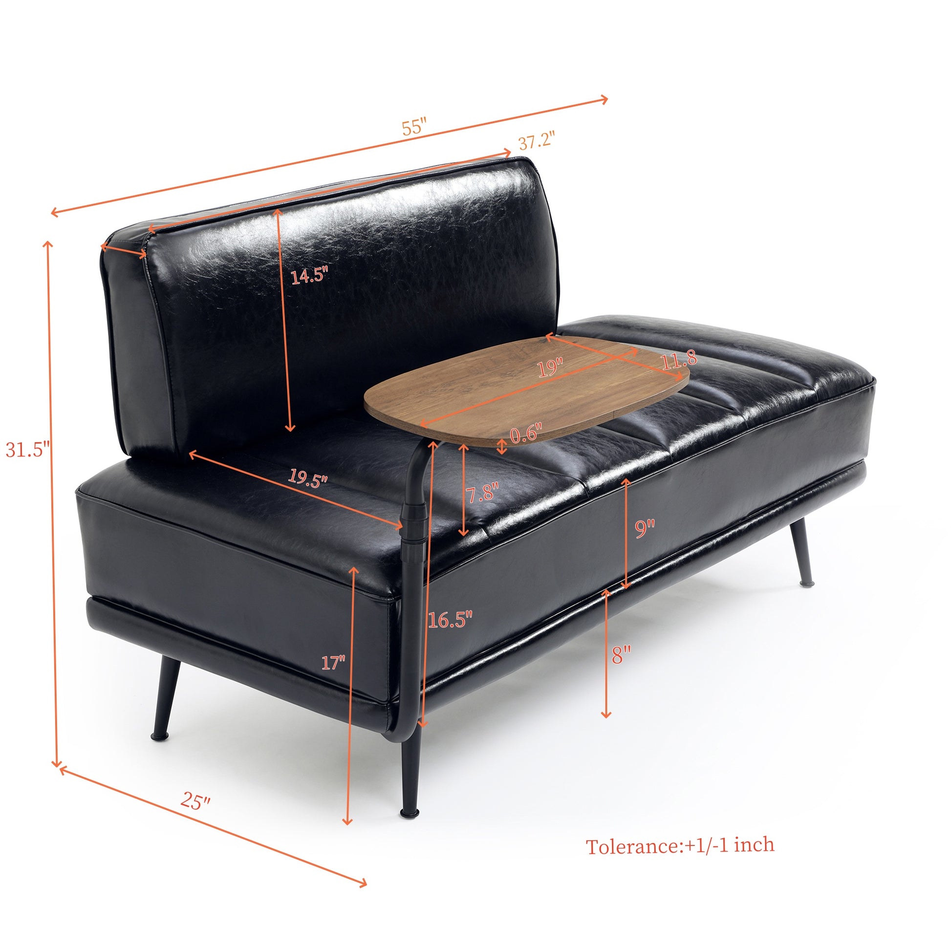 55"Inch Width Modern End Of Bed Bench,Black Faux Leather Upholstered With Side Table, 360 Degree Swivel Tray Couch,Entryway Ottoman,Window Bench With Metal Legs For Bedroom, Living Room Black Faux Leather Wood Primary Living Space Modern Foam Pu Leather