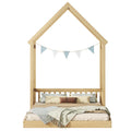 Full Roof Framed Headboard Floor Bed With Headboard Guardrails, Without Slats,Natural Full Natural American Design Pine