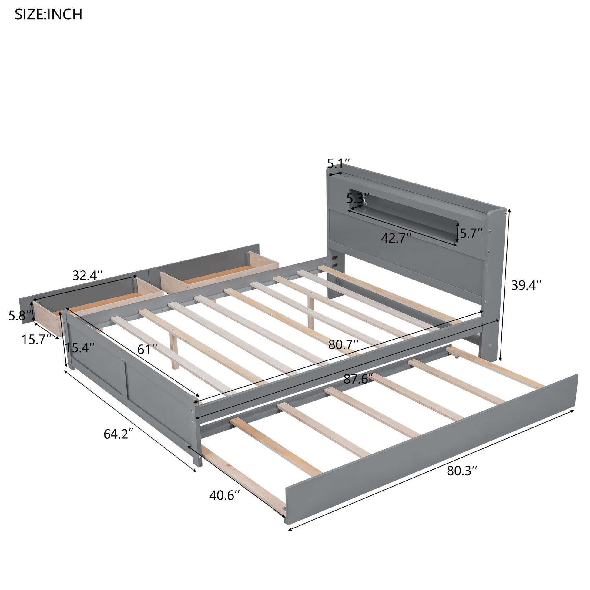 Queen Size Wood Storage Platform Bed With Led, 2 Drawers And 1 Twin Size Trundle, Gray Box Spring Not Required Queen Gray Wood Bedroom Bed Frame Solid Wood Mdf