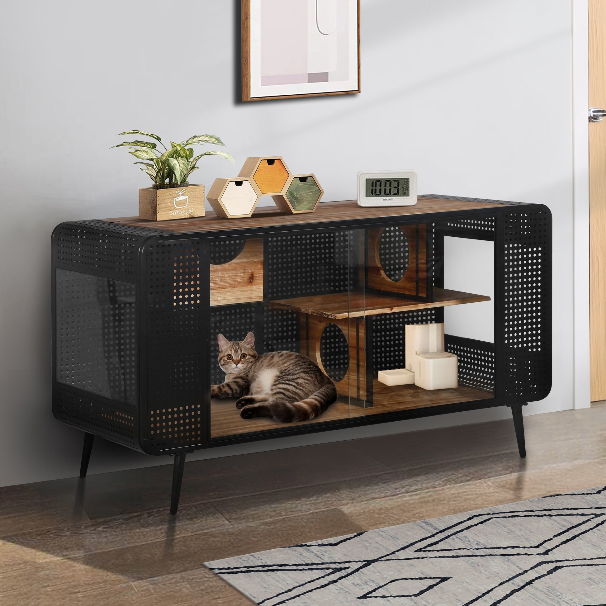 55.12 "Spacious Cat House With Tempered Glass, For Living Room, Hallway, Study And Other Spaces Black Brown Metal & Wood